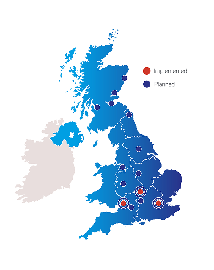 A map of the UK displaying the locations of completed (red) and proposed (blue) projects, marked with coloured circles.