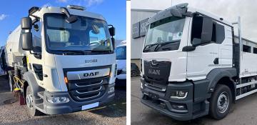 Image shows two industrial vehicles, one cleaner and one small transporter. Both vans are white, one DAF and one MAN, both requiring additional safety technology for use in cities, provided by Parksafe 